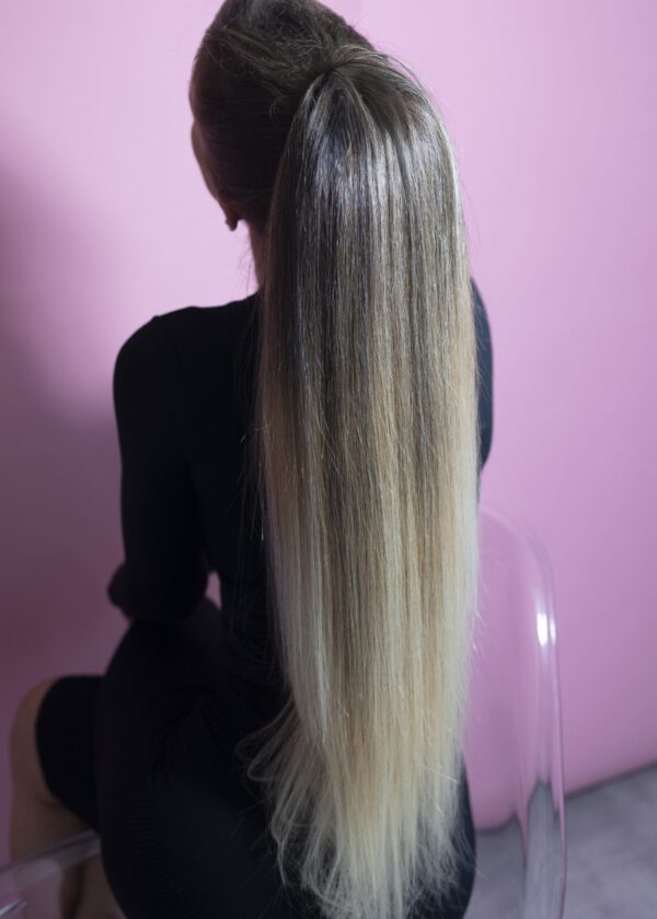 Doczepiany Kucyk - Kitka Prosta Ciemny Blond Ombre - 70cm - obrazek 4