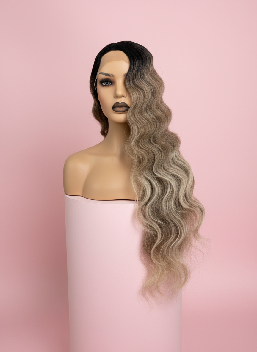 Długa Kręcona Peruka Ciemny Blond Ombre