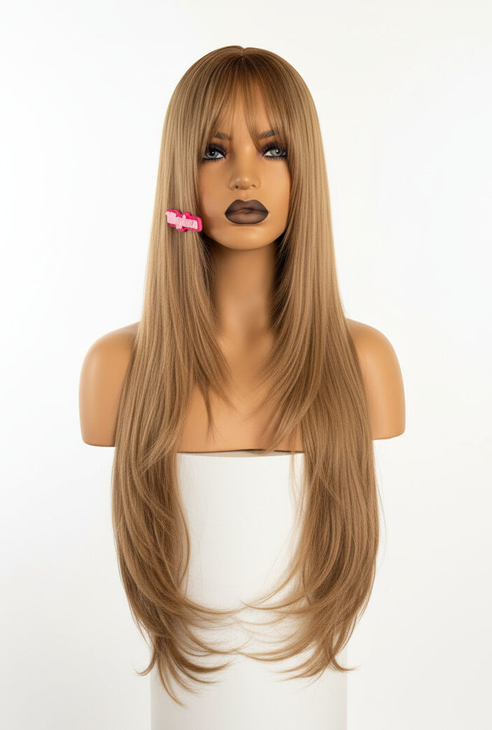 Długa Peruka Karmelowy Blond z Grzywką
