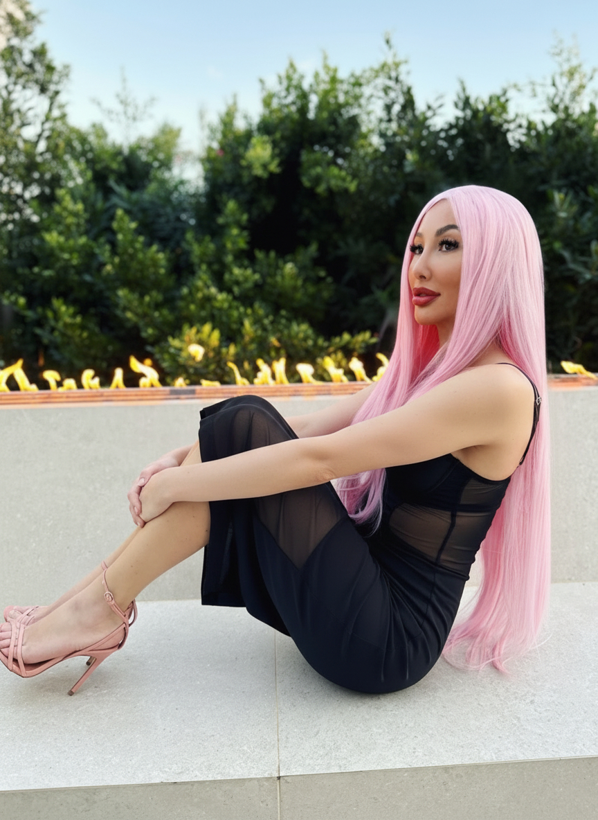 Długa Prosta Różowa Peruka Lace Front - Pink Aria - obrazek 3