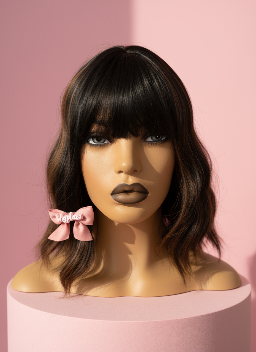 krótka ciemno brązowa peruka z grzywką